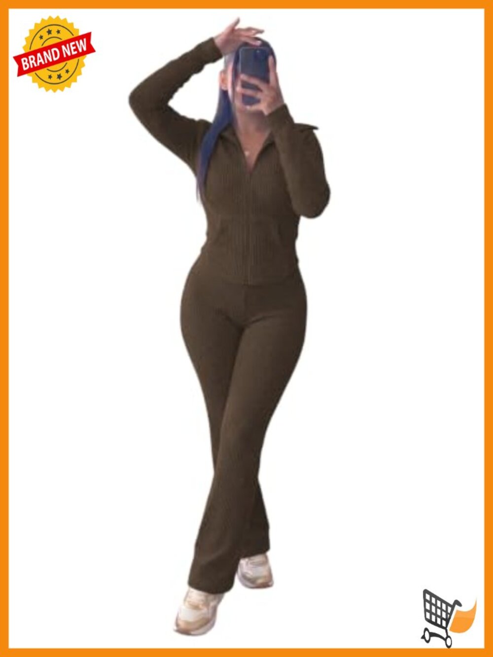 Women's 2 Piece Knit Lounge Set Zip Top Flared Pants Ribbed